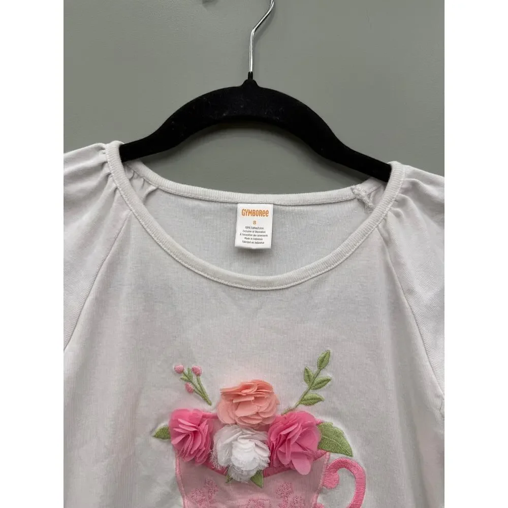 Gymboree Girls Floral Teacup Appliqué Top Size 8 Cottagecore Pink Rosette Tee